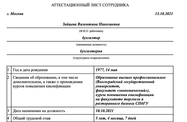 Пример аттестационных листов